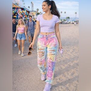 NWT AMERICAN BAZI Unicorn Jeans S Sliced Tie Dye Rainbow Pride Streetwear Dance